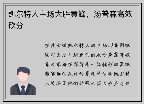 凯尔特人主场大胜黄蜂，汤普森高效砍分